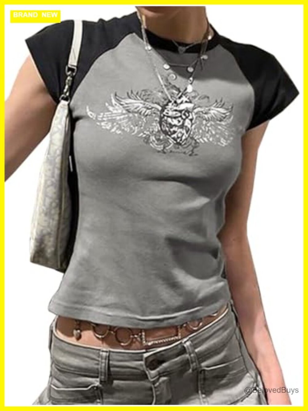 Y2K Graphic Baby Tee Crop Top Short Sleeve Crew Neck Wing Print